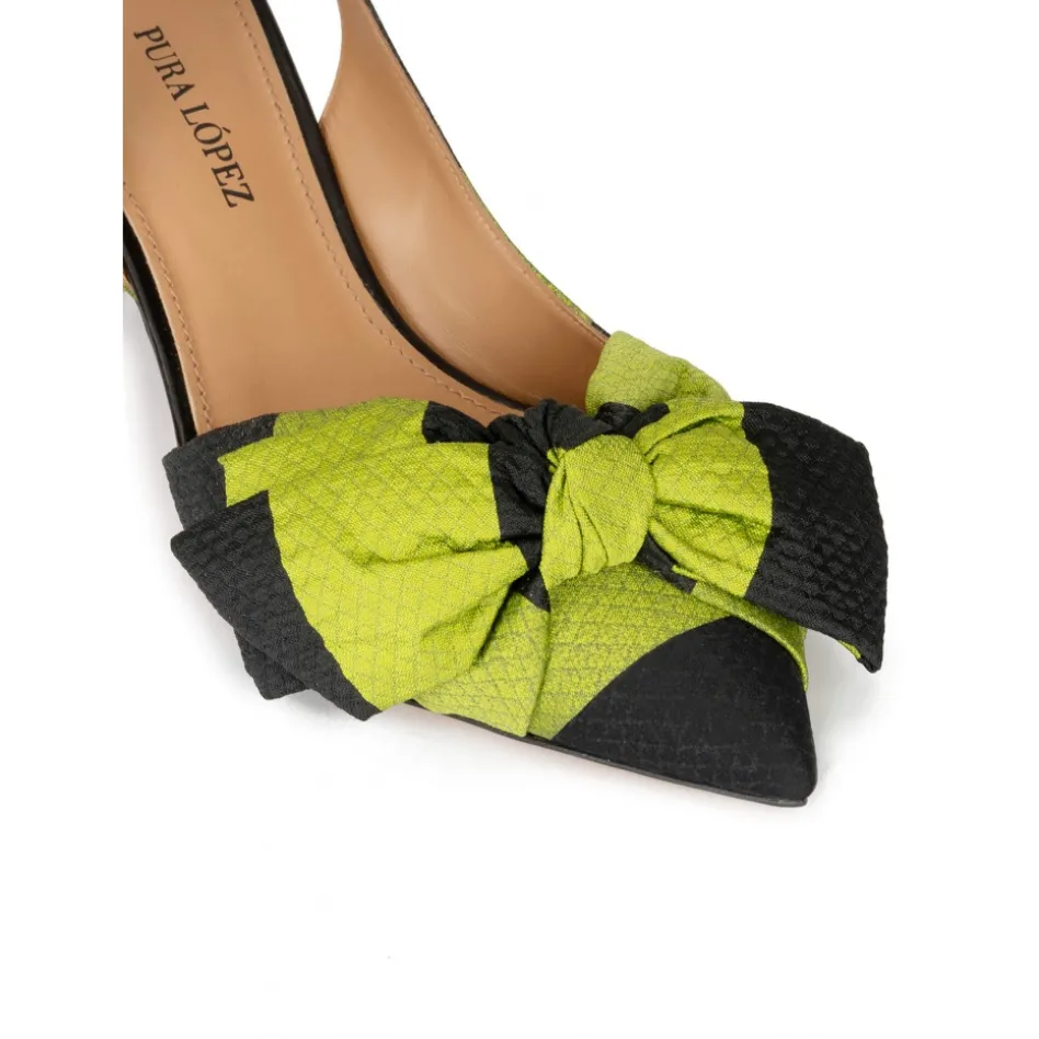Veronique Bow detailed mid heel pumps in green and black fabric
